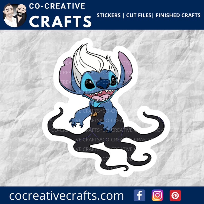 May include: A blue and white Stitch character with a white wig and a black octopus tail. The character is smiling and has a gold necklace. The image is a sticker.