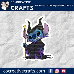 May include: A blue and purple cartoon character with a mischievous expression, holding a golden staff. The character is wearing a purple and black robe with a pointed collar. The character is a sticker with a white background.