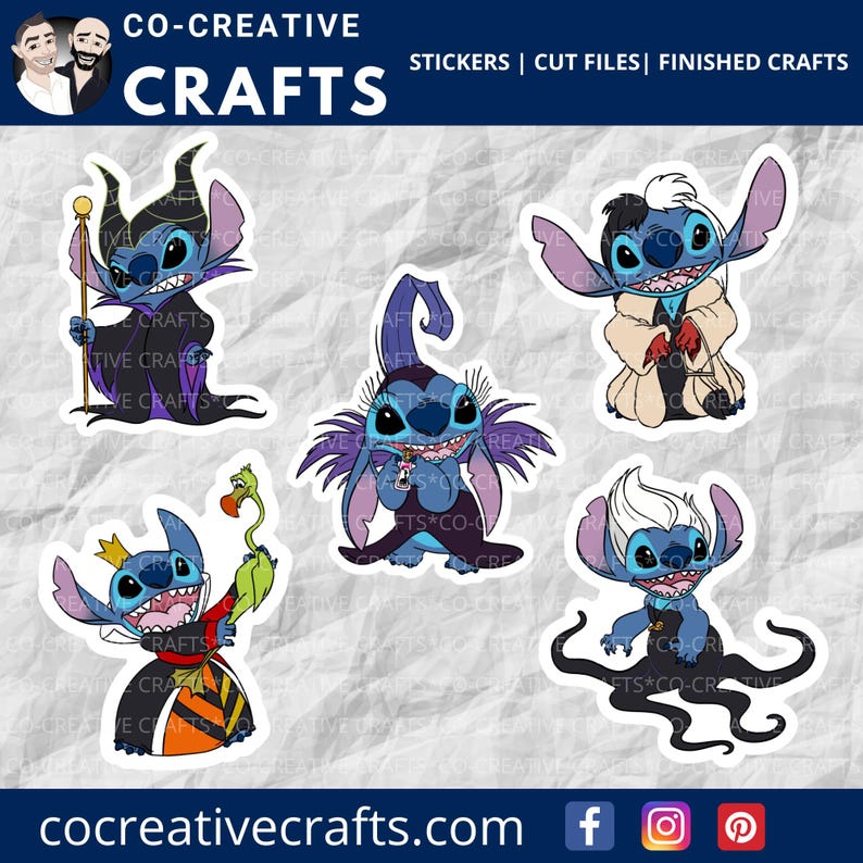 May include: Five sticker designs featuring Stitch from Lilo & Stitch dressed as Disney villains. The designs include Stitch as Maleficent, Ursula, Cruella de Vil, Evil Queen, and Jafar. The stickers are white with a black outline.