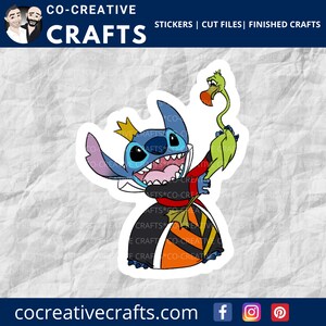 May include: A blue and black cartoon character with a crown, holding a green bird with a long neck. The character is wearing a black and orange dress with a white collar. The background is a crumpled piece of paper.