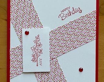 Floral July Birthday Card: Ruby Rhinestones, Red Flower