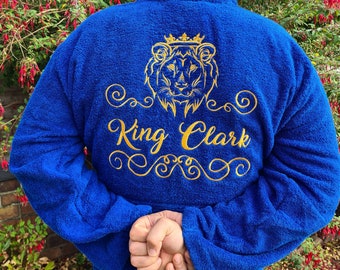 Personalized Mens Terry Towelling Bathrobe, Custom Embroidered King Name, Lion Crown, Luxury Spa Robe, Gift For Him, Dad Husband