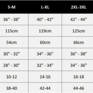 May include: Size chart for clothing with measurements in inches and centimeters. The chart shows chest width, length, sleeve length, waist (men's and women's), UK size, and EU size.