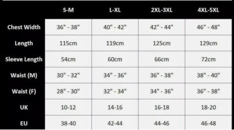 May include: Size chart for clothing with measurements in inches and centimeters. The chart shows chest width, length, sleeve length, waist (men's and women's), UK size, and EU size.