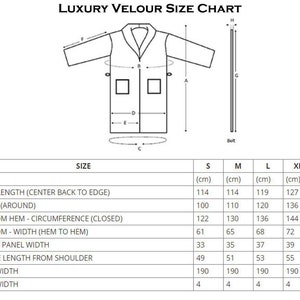 May include: Size chart for a velour robe with measurements in centimeters for back length, chest, bottom hem, bottom width, front panel width, sleeve length from shoulder, belt width, and belt width.  Sizes include S, M, L, XL, and XXL.