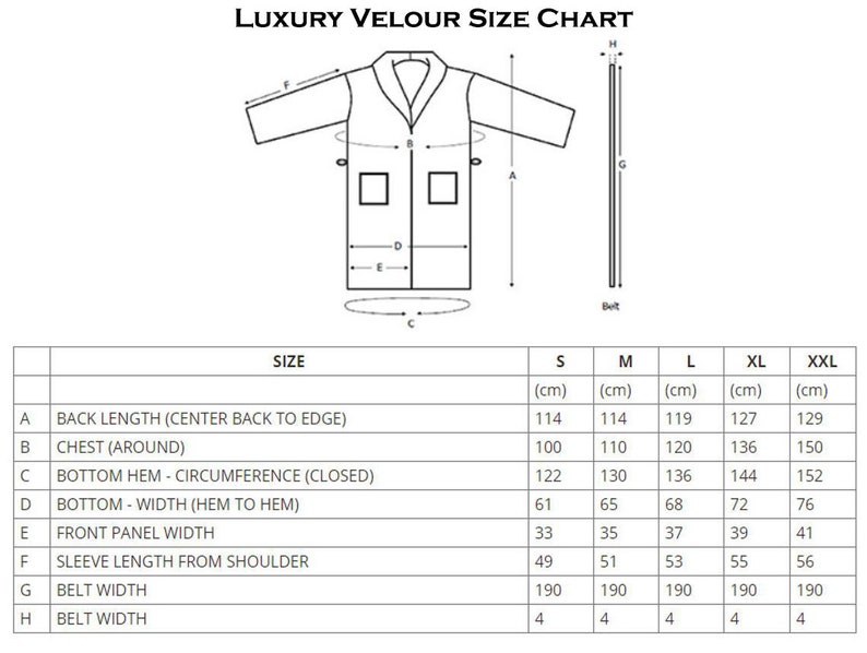 May include: Size chart for a velour robe with measurements in centimeters for back length, chest, bottom hem, bottom width, front panel width, sleeve length from shoulder, belt width, and belt width.  Sizes include S, M, L, XL, and XXL.
