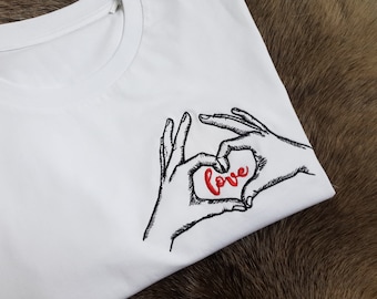 Embroidered Love Heart Hand Gesture T-Shirt, Unique Romantic Design, Gift for Couples, Self-Love Reminder