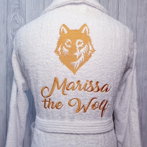 Personalized Wolf Embroidered Bathrobe Custom Terry Towelling Robe with Name for Him or Her
