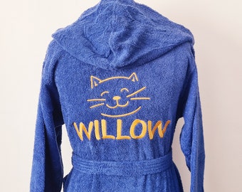 Personalised Boys & Girls Hooded Terry Towelling Bathrobe, Cat and Name Embroidery