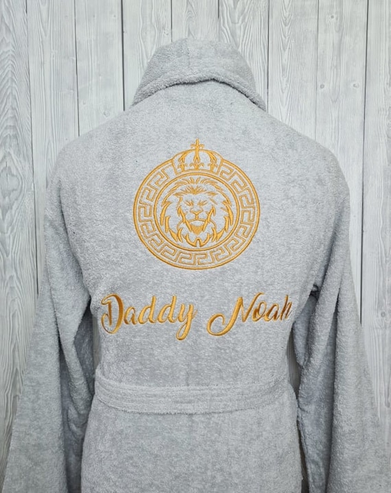 Personalized Mens Terry Towelling Bathrobe, Custom Embroidered Lion Crest, Name, Luxury Spa Robe, Gift For Him, Husband Present