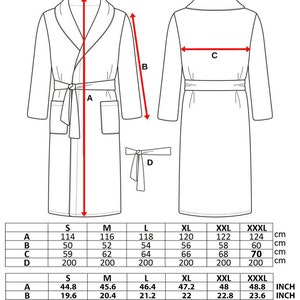 May include: Size chart for a terry toweling robe with measurements in inches and centimeters. The chart shows the measurements for the length, width, sleeve length, and belt length of the robe in sizes S, M, L, XL, XXL, and XXXL.