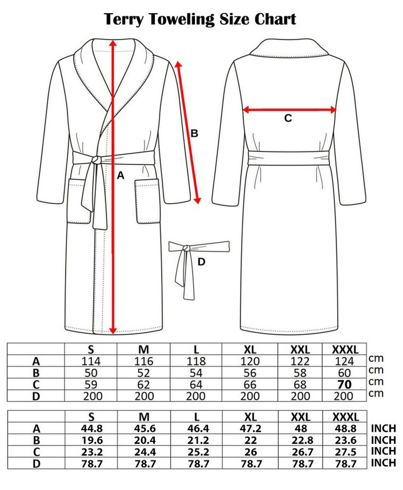 May include: Size chart for a terry toweling robe with measurements in inches and centimeters. The chart shows the measurements for the length, width, sleeve length, and belt length of the robe in sizes S, M, L, XL, XXL, and XXXL.