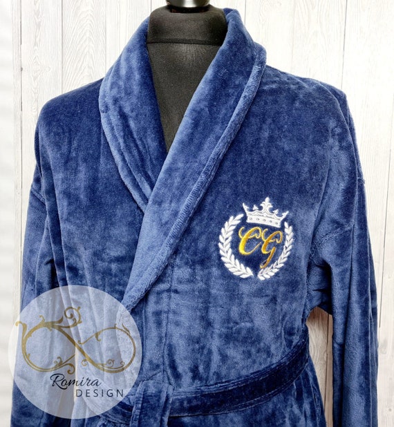 Personalized Monogram Terry Towelling Bathrobe, Custom Initials Robe, Crown Crest, Embroidered Luxury Dressing Gown, Gift For Him Her