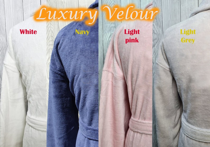 May include: Four plush robes in different colors: white, navy blue, light pink, and light gray. The robes are made of velour and have a shawl collar and a tie belt. The text "Luxury Velour" is printed on the top of the image.