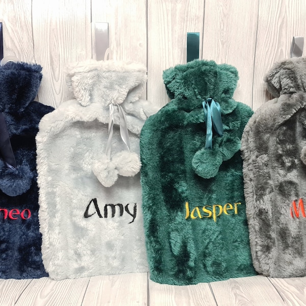Personalized Faux Fur Hot Water Bottle Cover, Custom Embroidered Name, Cozy Winter Warmer, Gift Plush, Heating Pad Sleeve