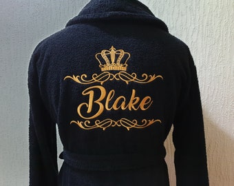 Personalized Mens Terry Towelling Bathrobe, Custom Embroidered Crown Name, Luxury Spa Robe, Gift For Him, Husband Present