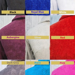 May include: Nine different colors of bathrobes, including black, royal blue, white, aubergine, silver, red, dark grey, aqua, and pink.