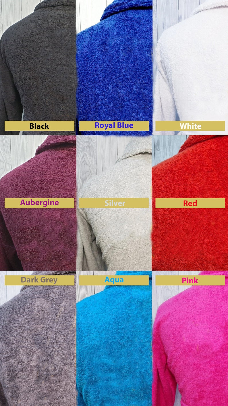 May include: Nine different colors of bathrobes, including black, royal blue, white, aubergine, silver, red, dark grey, aqua, and pink.