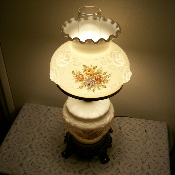 Vintage Milk Glass Lamp Hurricane 3 Way Lighting GWTW With Bouquet Of Roses and Embossed Puffy Roses Brass Base Ruffle Top and Fluted Collar