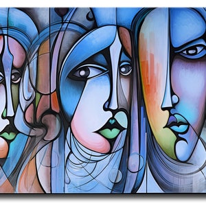 Gesichter Abstrakt Leinwanddruck, Bunte Moderne Kunst, fertig zum Aufhängen