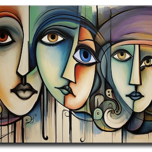 Abstrakte Gesichter: Bunte moderne Kunst, fertig zum Aufhängen