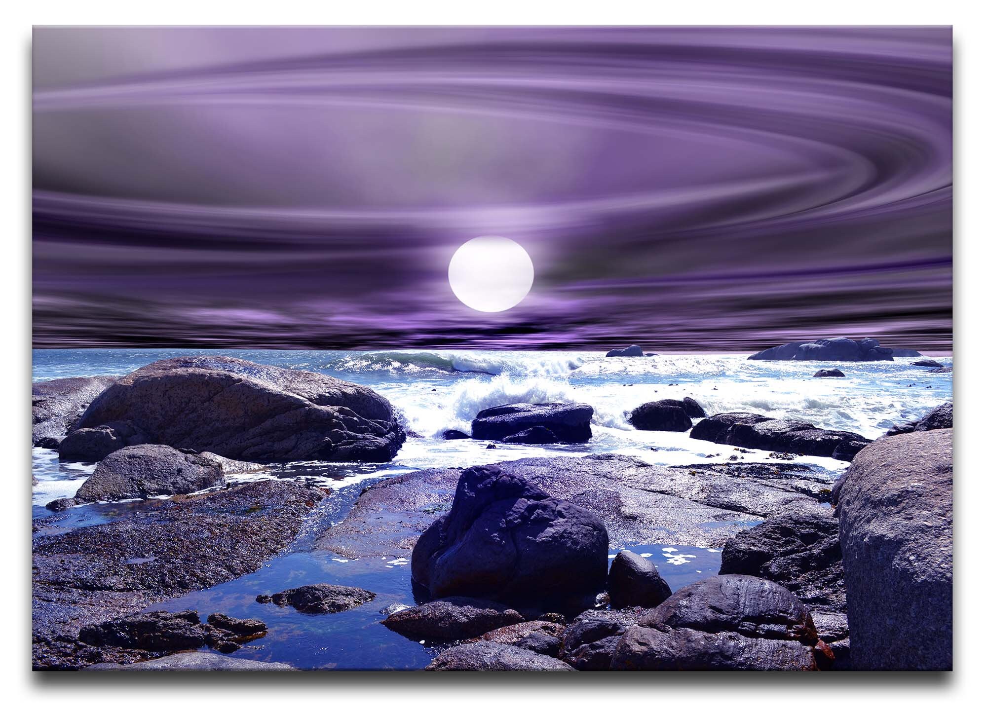 Stampa Su Tela Paesaggio Marino Viola InstyleArt - 100x70 Cm, Telaio In Legno, Pronta Da Appendere - 2