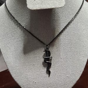 May include: A black chain necklace with a pendant featuring a black snake wrapped around a dagger.
