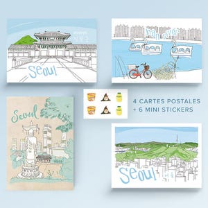 4 cartões postais de Seul + 6 mini adesivos