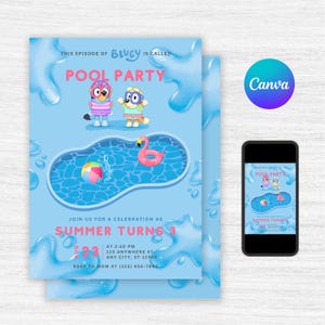 Editable Bluey Pool Party Birthday Invitation - Digital Download, Easy to Edit in Canva, Instant Download
