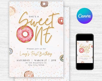Invito di compleanno Donut Sweet One - Modello Canva modificabile (download digitale)