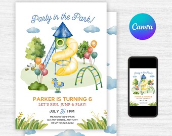 Party In The Park Birthday Invitation – Editable Canva Template (Digital Download)