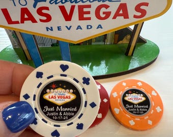 Custom Magnetic Poker Chip Wedding Favors | Just Married in Vegas | Personalized Las Vegas Wedding Souvenir | Unique Wedding Magnet Gift