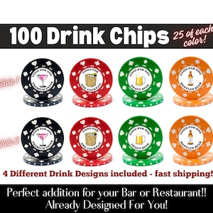 100 Custom Drink Chips 4 Drink Designs, Drink Token, Free Drink, Drink Chips, Poker Chip Drink Token, Bar Drink Chips, Custom Drink Tokens