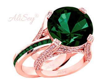 14K Roségold, Smaragd Ring mit Diamanten, Micropave Wedding Set by AliSey, Style # ASR07RG-EM