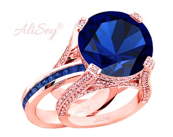 14K Roségold, Blauer Saphir Ring mit Diamanten, Micropave Hochzeitsset von AliSey, Style # ASR07RG-BSP