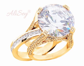 14k Vergoldeter 925 Sterling Silber Damen Ring, Weiß Topas Micropave Hochzeit Set von Alisey, Style # ASR07GP-WTZ