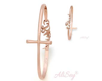 14K Rose Gold Blessed and Cross Reversable Bangle Bracelet, Unique Design From AliSey "Blessed" Collection. Style # ASB01RG