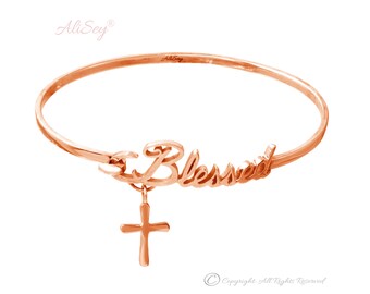 14k Rose Gold, Bangle Blessed Bracelet with Cross Charm, Unique Bracelet From AliSey "Blessed" Collection. Style # ASB03RG