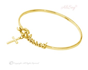 14k Yellow Gold, Bangle Blessed Bracelet with Cross Charm, Unique Bracelet From AliSey "Blessed" Collection. Style # ASB03YG