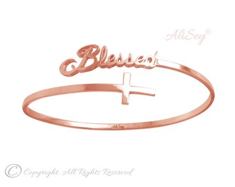 14K Rose Gold Bangle Blessed Cross Bracelet, Unique Design From  AliSey "Blessed" Collection. Style # ASB02RG