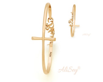 14K Yellow Gold Bangle Blessed Cross Reversable Bracelet, Unique Design From AliSey "Blessed" Collection. Style # ASB01YG