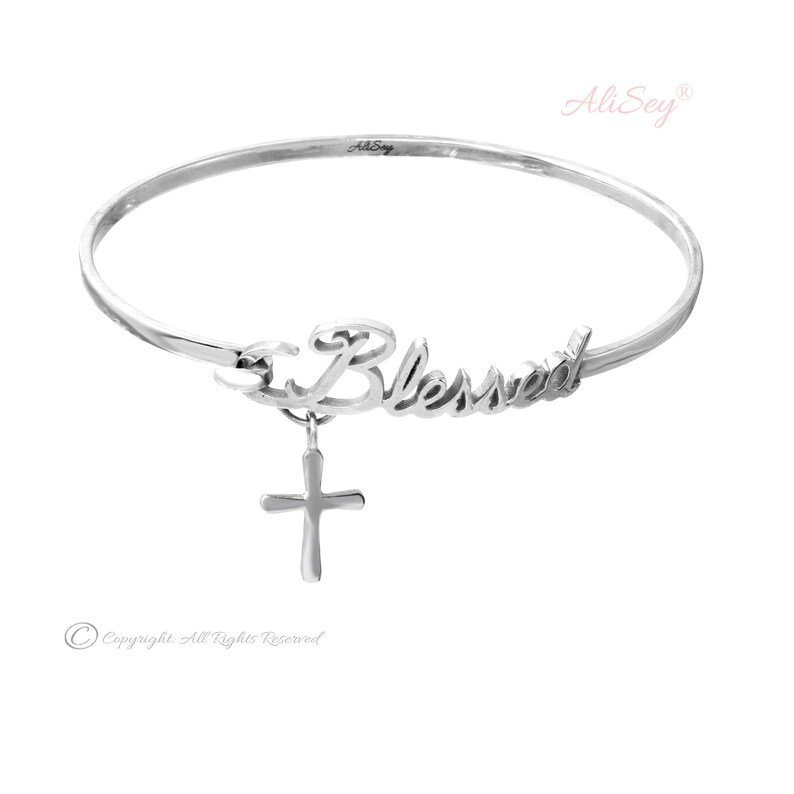 14k White Gold Bangle Blessed Bracelet With Cross Charm Etsy UK