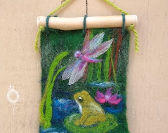 A happy frog small felted wall hanging