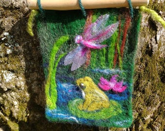 A happy frog small felted wall hanging
