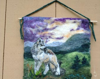 Wolf magic felted wall hanging