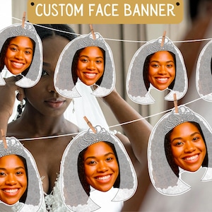 Puede incluir: Una pancarta personalizada con recortes de caras sonrientes, cada una adornada con un velo y una tiara. La pancarta está colgada con una cuerda de tender y pinzas de madera. Se puede leer el texto "CUSTOM FACE BANNER".