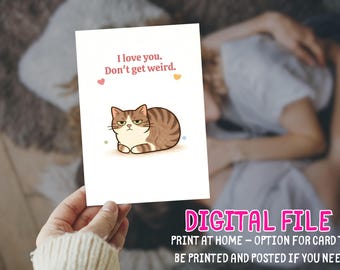 Cute Cat Valentine's Day Card Printable I love you Don't get weird Funny Love Digital Instant Download