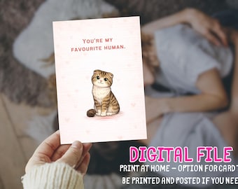Cute Cat Valentine's Day Card Printable You're my favourite human Funny Love Digital Instant Download