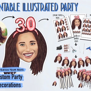 Decorazioni stampabili, festa del 30° compleanno, disegno da foto, toppers cupcake personalizzati, striscione di buon compleanno, regalo personalizzato,