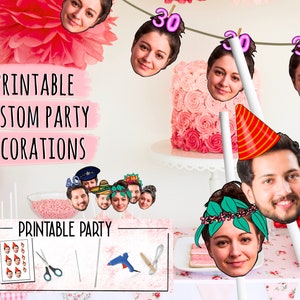 Tête de photo personnalisée imprimable Party Cupcake Toppers, Pailles, Autocollants, Bannière, décorations d’anniversaire, personnalisé, décor, fiançailles, drôle